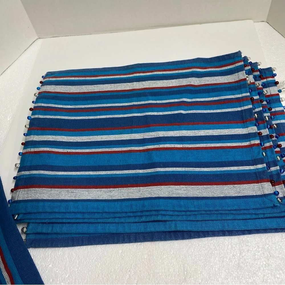 Pier 1 Imports Striped Tapestry Placemats set of 6 Beaded blues red gray Casual